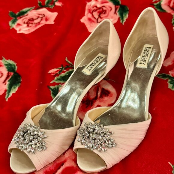 Badgley Mischka Sabine Light Pink Satin Crystal Bridal Wedding Heels Size 11 - Picture 10 of 16